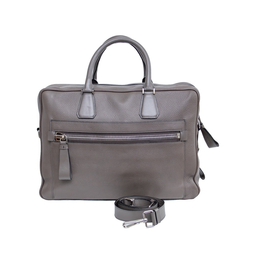 Tom Ford Buckley Grey Pebbled Leather Briefcase Business Double Zip‎ Laptop Bag